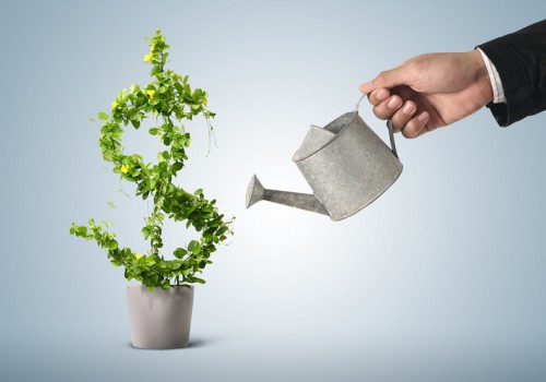 Мужчина поливает из лейки дерево выросшее в виде знака доллара