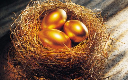 Золотые яйца в гнезде из соломы