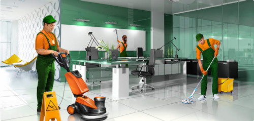 Сотрудники клининговой компании убирают офис