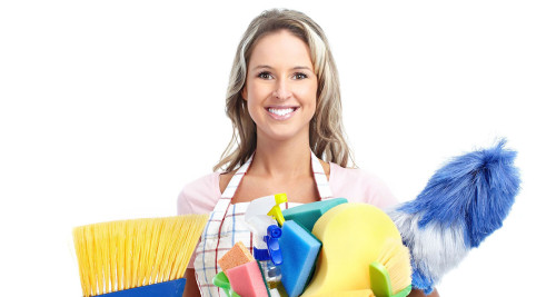 Женщина держит в руках моющие средства